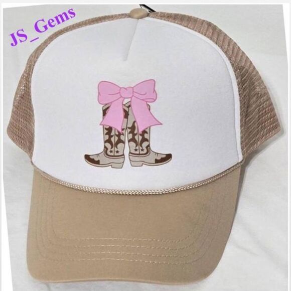 New Trucker Hat Cowboy Boots Pink Bow Tan & White - Picture 1 of 14